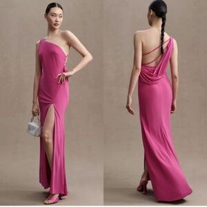 NWT Mac Duggal Sz 8 Candy Pink Jersey One Shoulder Draped Back Gown 26512